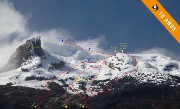 Diferentes rutas de la cara sur. Espolón Cerro Negro, Canaletas y Espolón sur.
